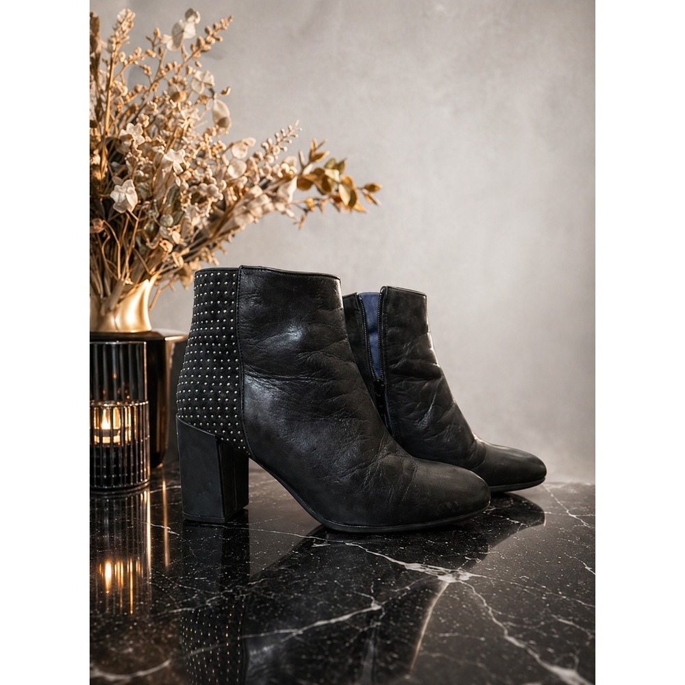 Dorking by Fluchos Black Leather Studded Edgy Heel Ankle Boots 39 Made‎ in Spain